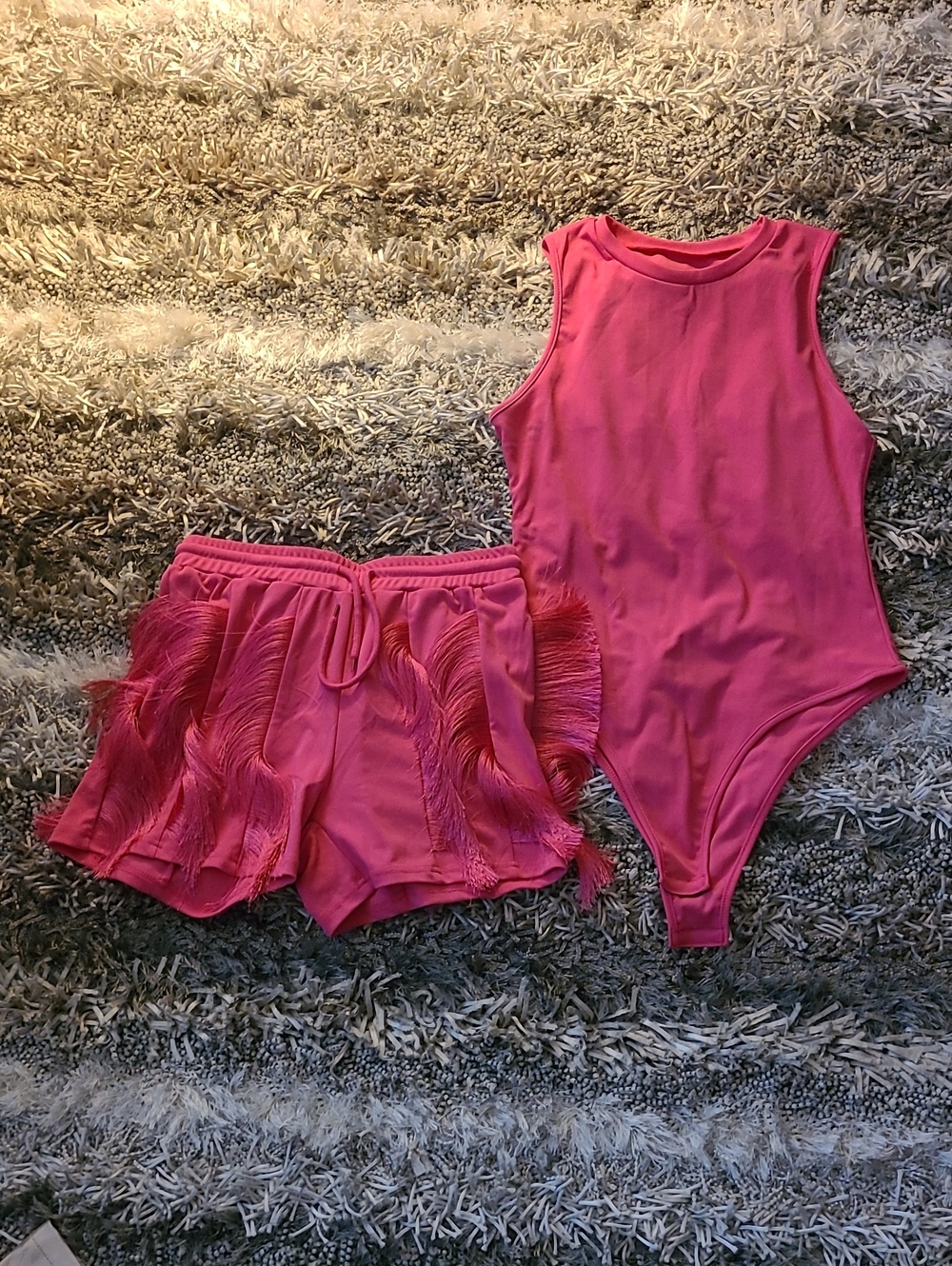 Source Unknown Hot Pink Fringe Bodysuit and Shorts Set